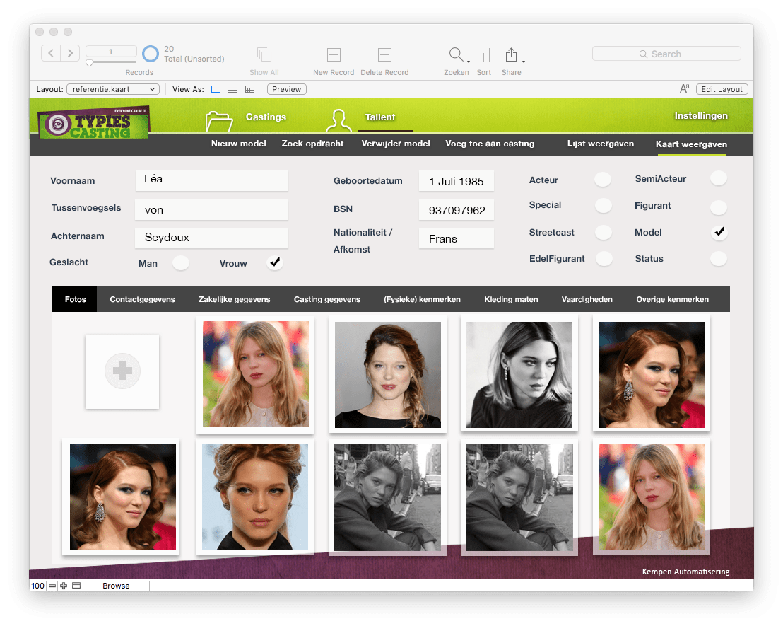 Voorbeeld UI Casting database