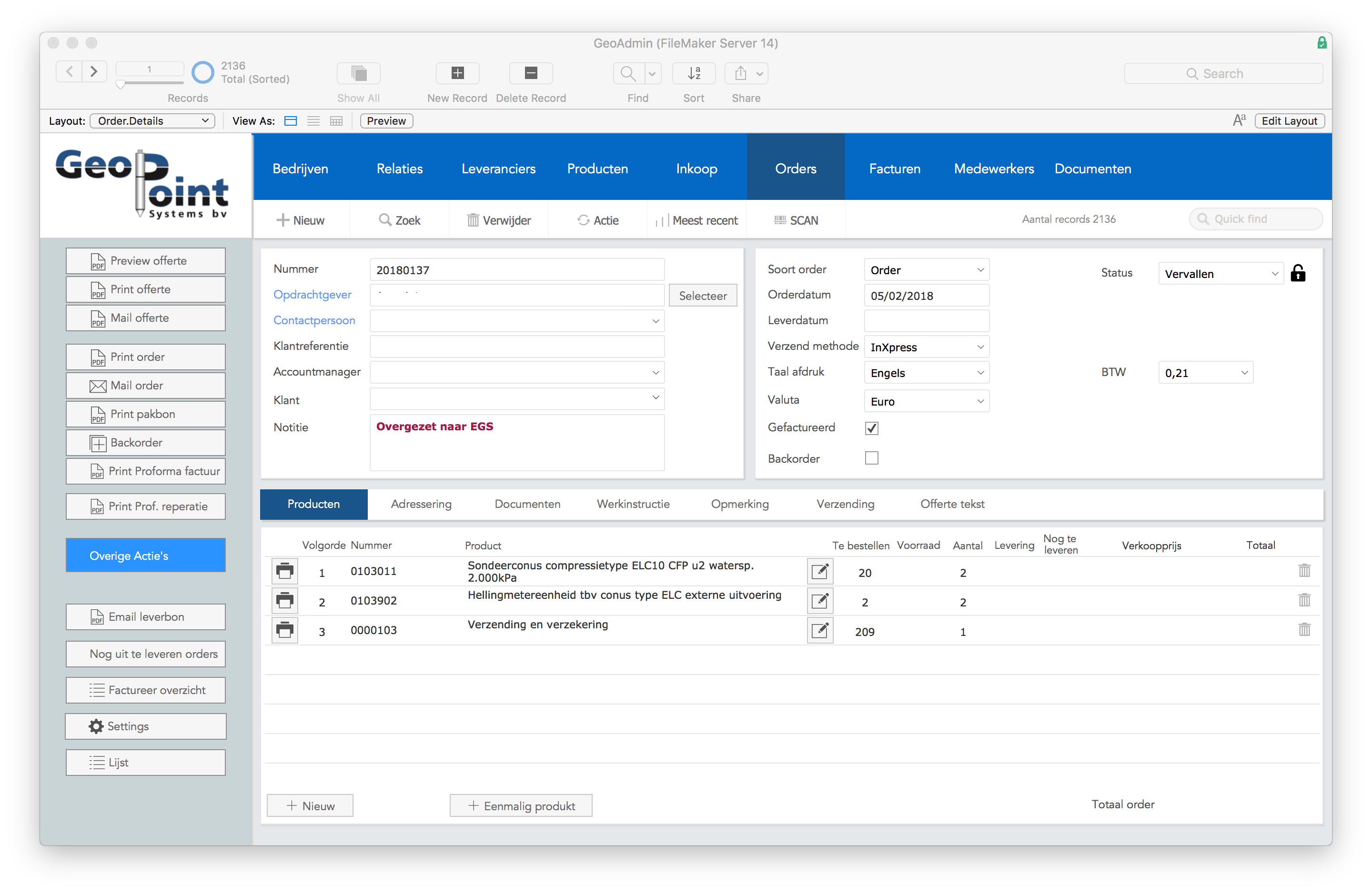 FileMaker Customer Voorraadbeheer programma screen